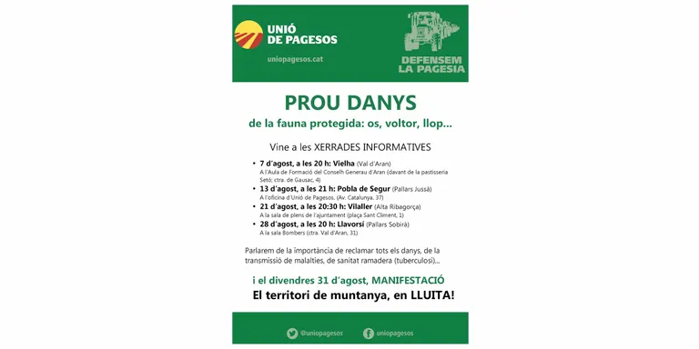 Unió de Pagesos es manifestarà per denunciar els atacs de la fauna salvatge contra el bestiar al Pirineu