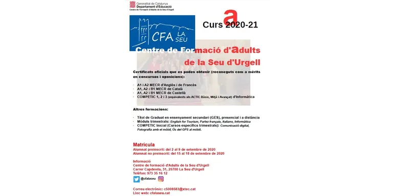El Centre de Formació d'Adults de la Seu obre la matrícula del curs 2020-2021
