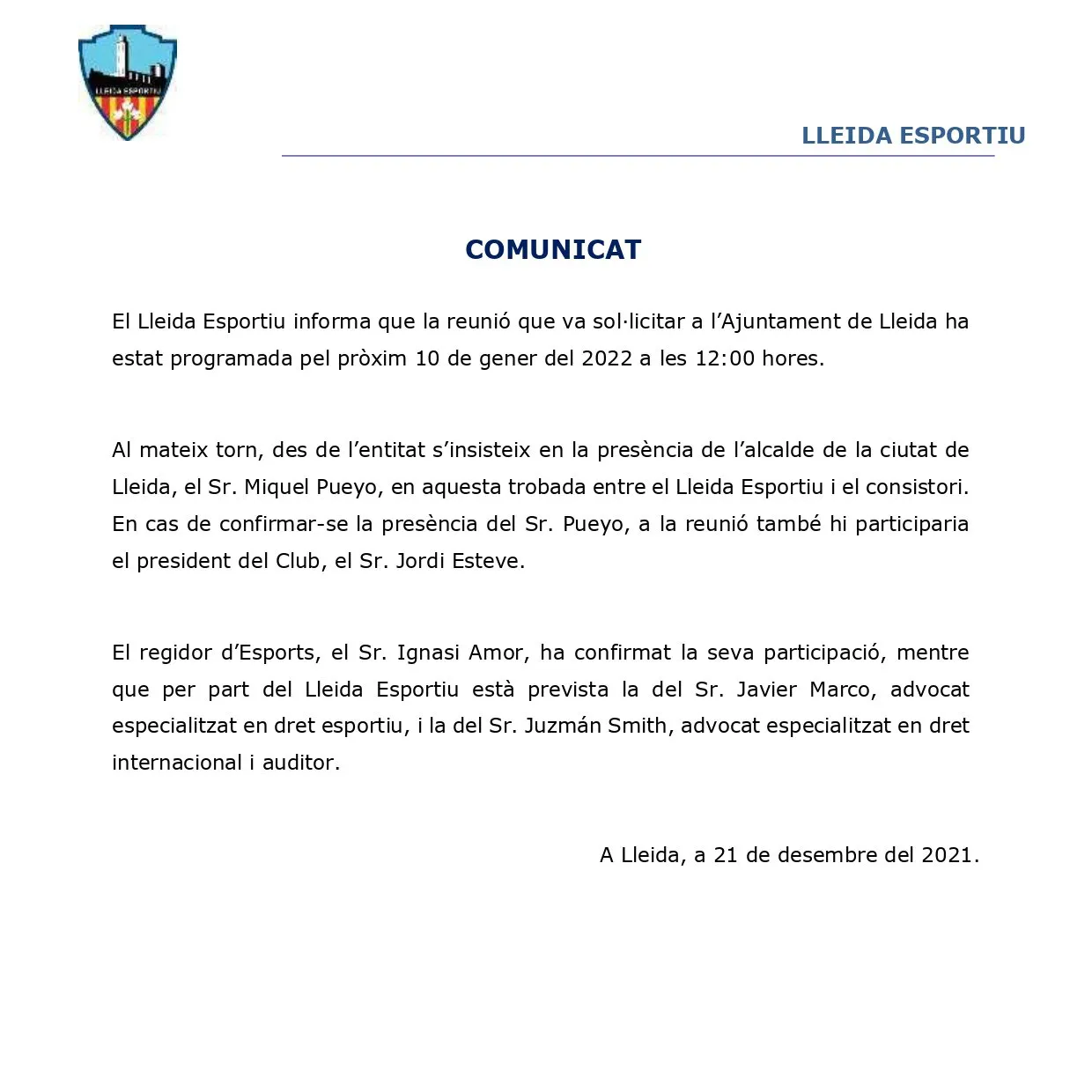 La junta del Lleida Esportiu es reuneix amb la Paeria per evitar el desnonament