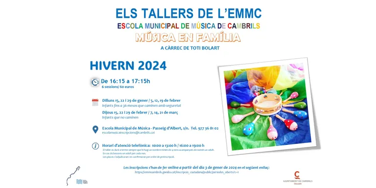 Tornen els tallers de música en família per a infants de 3 mesos a 3 anys a l’Escola de Música de Cambrils