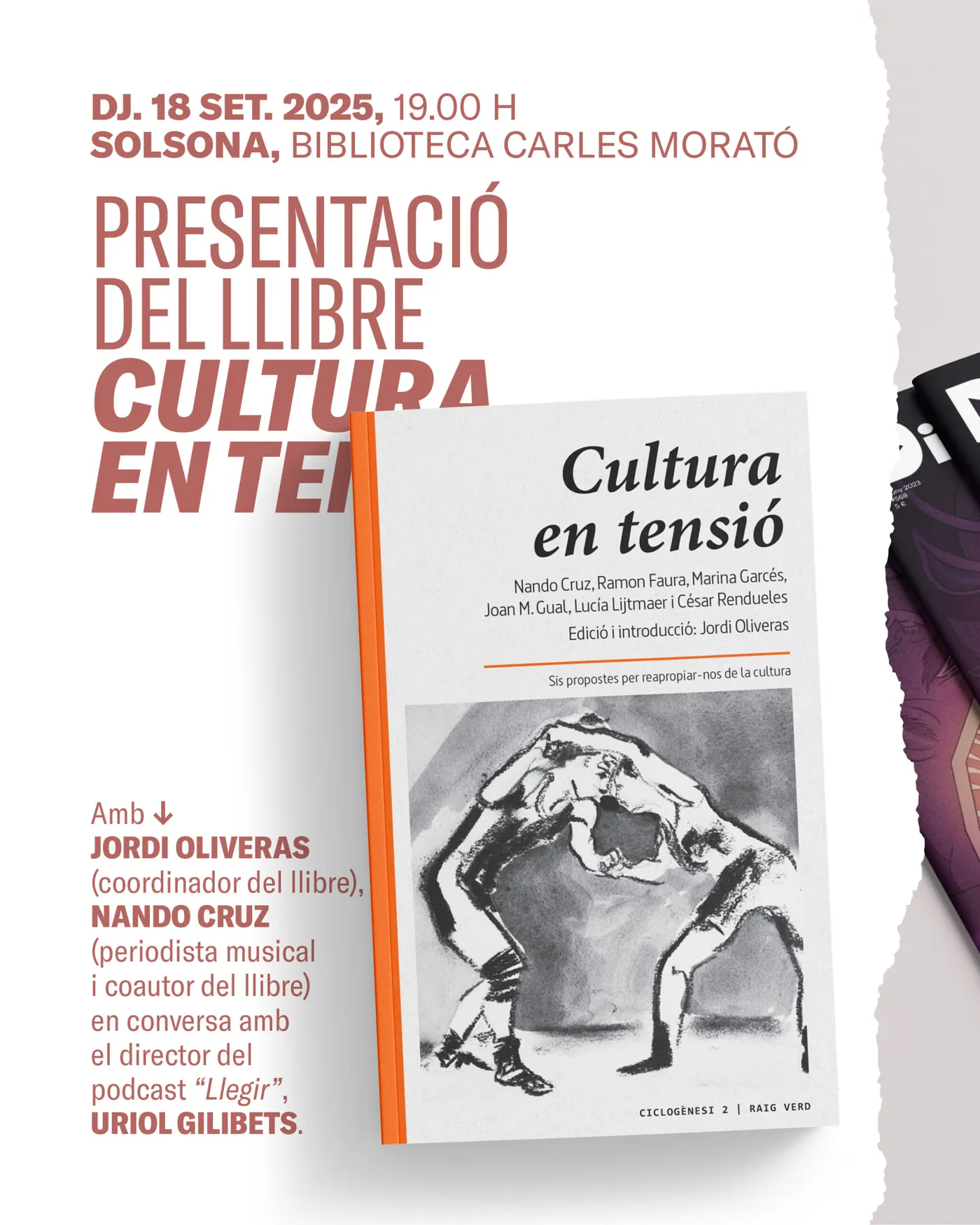 La biblioteca acollirà dijous la presentació del llibre coral "La cultura en tensió. Sis propostes per reapropiar-nos de la cultura"