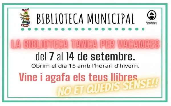 La Biblioteca Municipal romandrà tancada per vacances del 7 al 14 de setembre
